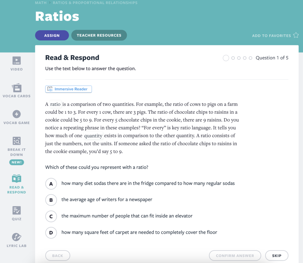 Ratios Read and Respond activity