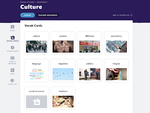 Back to school culture lesson Vocab Cards