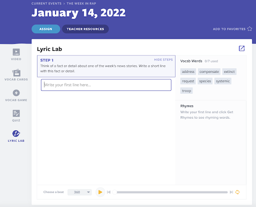 Lyric Lab for teaching news articles