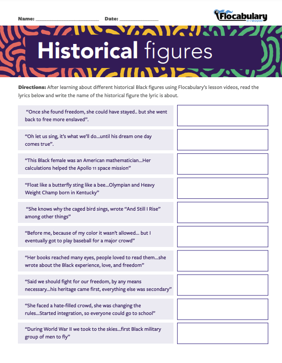 Match Flocabulary lyrics to Black historical figures worksheet