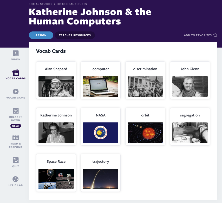 Katherine Johnson & the Human Computers Vocab Cards