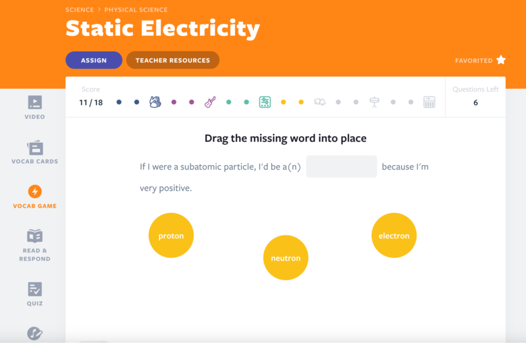 Static Electricity science Vocab Game activity