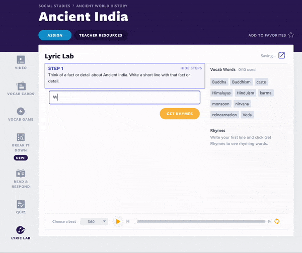 Ancient India lesson Lyric Lab activity