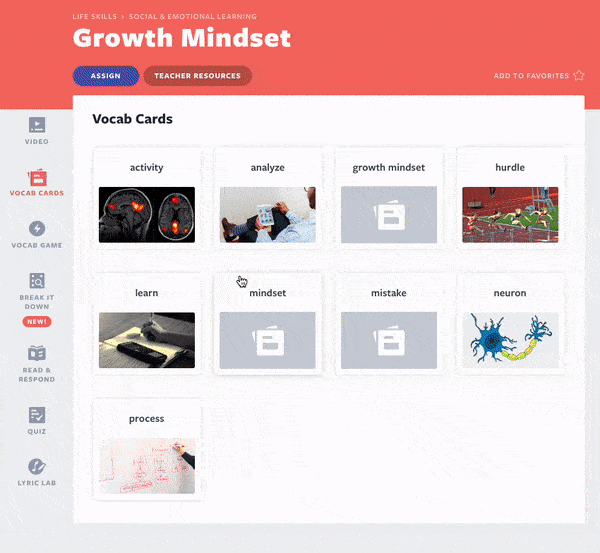 Vocab Cards classroom culture building activities about growth mindset