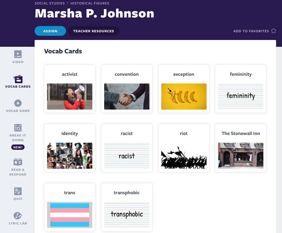 Flocabulary Marsha P. Johnson Vocab Cards