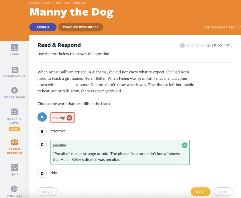 Vocabulary ELA Read and Respond activity