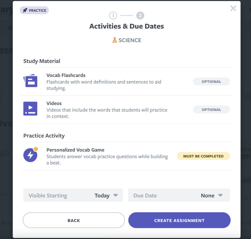 Science Vocab Practice assignment set up
