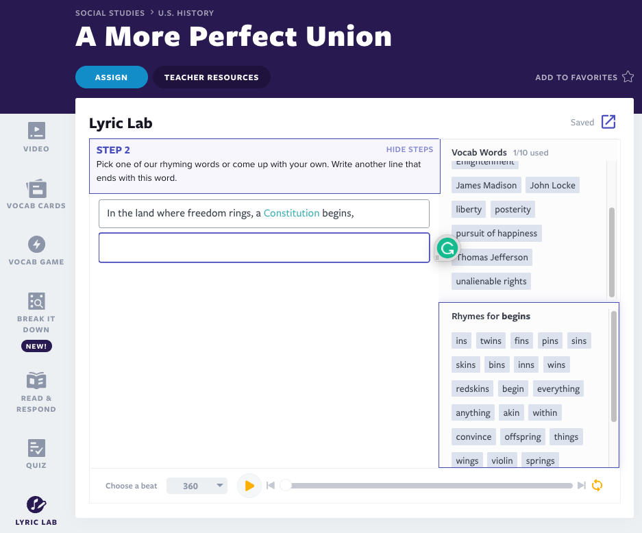 A More Perfect Unit lesson Lyric Lab activity