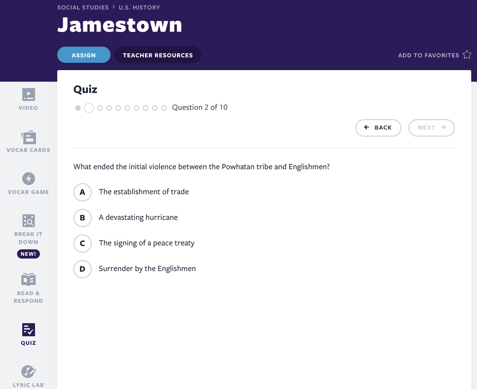 Jamestown lesson Quiz