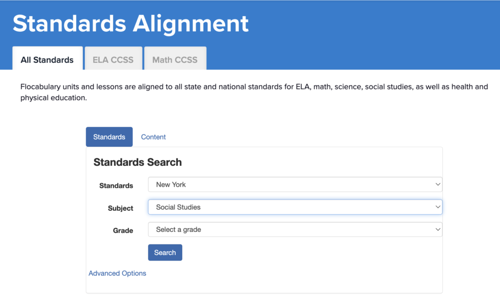 Standards aligned filter page on Flocabulary