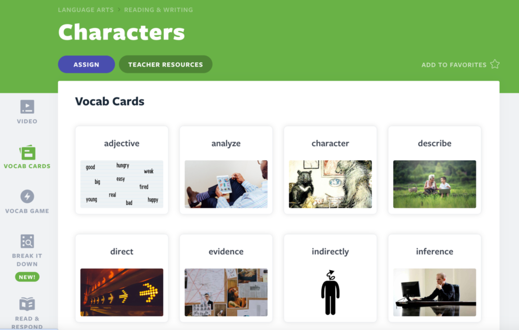 Characters Vocab Cards