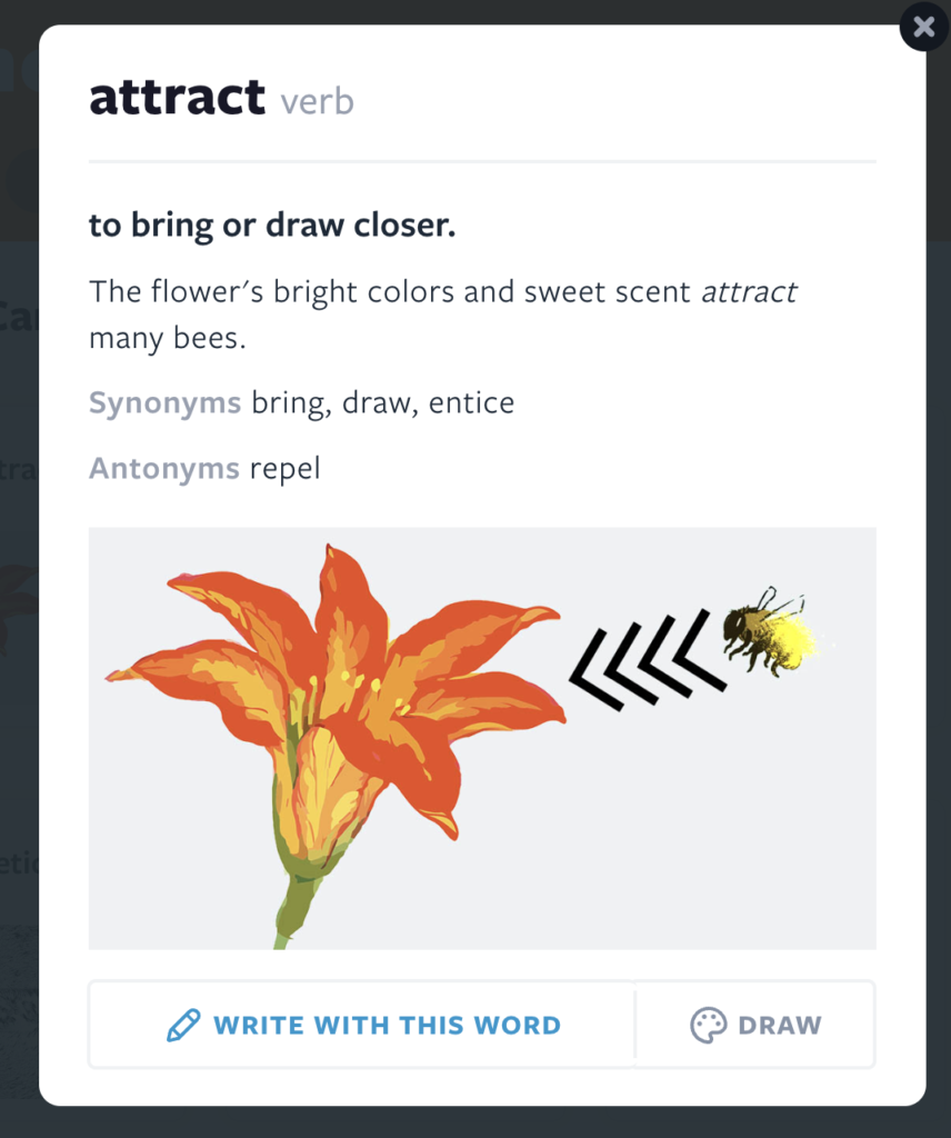 Vocab Card example for the word "Attract"