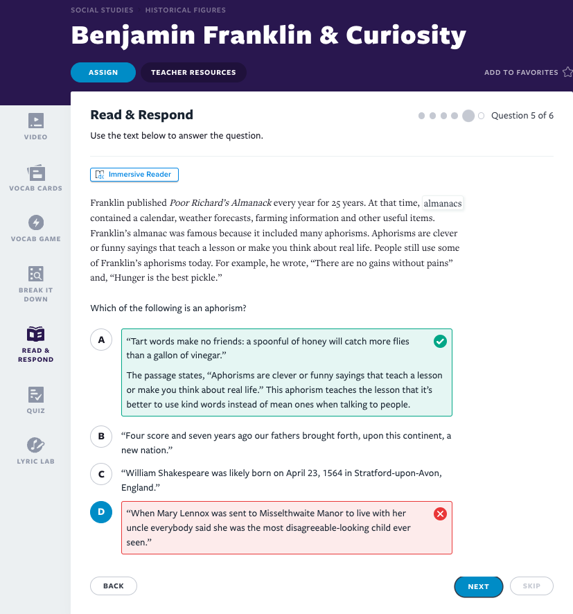 Benjamin Franklin & Curiosity Read & Respond activity