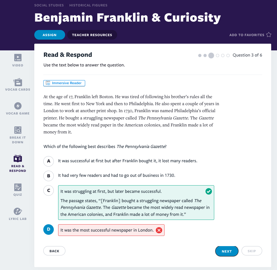 Benjamin Franklin & Curiosity Read & Respond activity