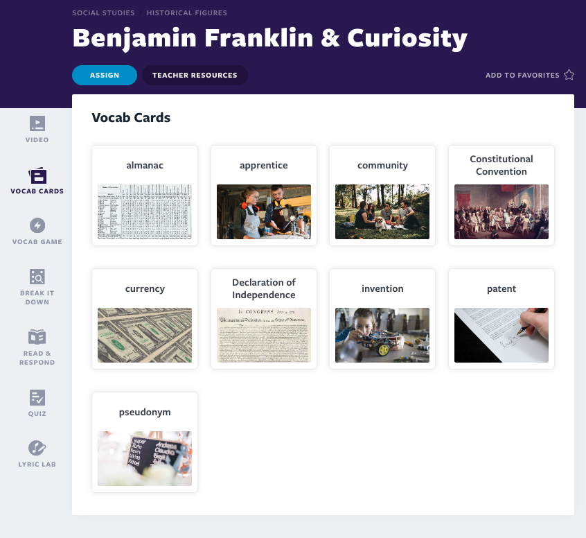 Benjamin Franklin & Curiosity Vocab Cards