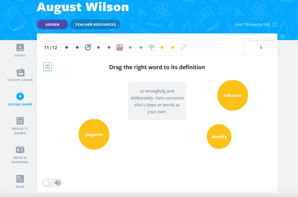 August Wilson NPO Vocab Game activity example