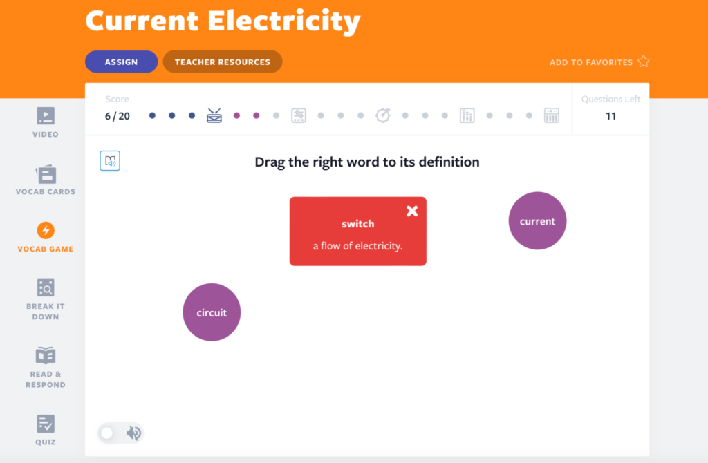 Current Electricity Vocab Game activity incorrect answer