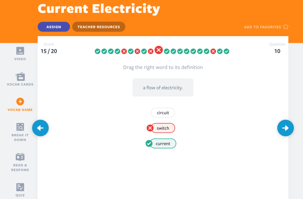 Current Electricty Vocab Game activity correct answer