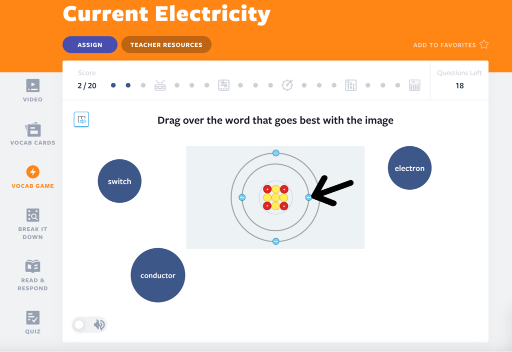 Current Electricty Vocab Game activity example