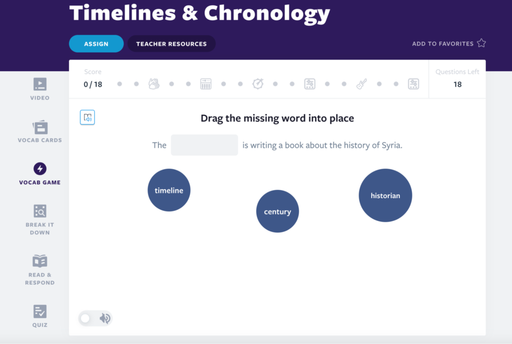 Timelines & Chronology Vocab Game actvity