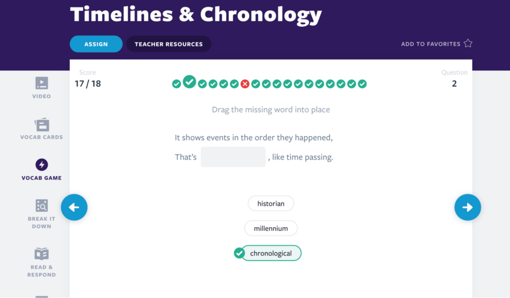 Timelines & Chronology Vocab Game actvity example