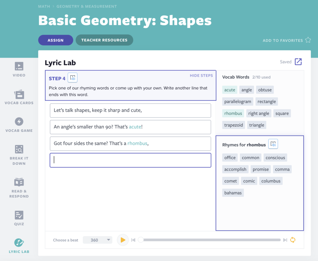 Basic Geometry: Shapes Lyric Lab activity