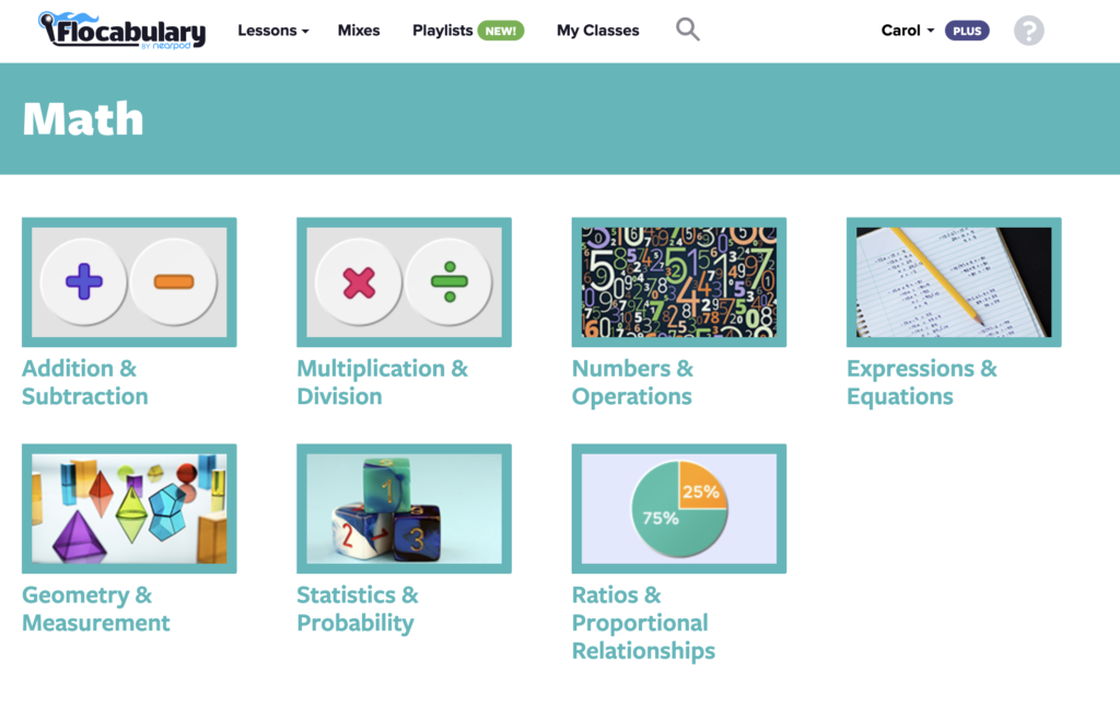 Math lesson categories on Flocabulary