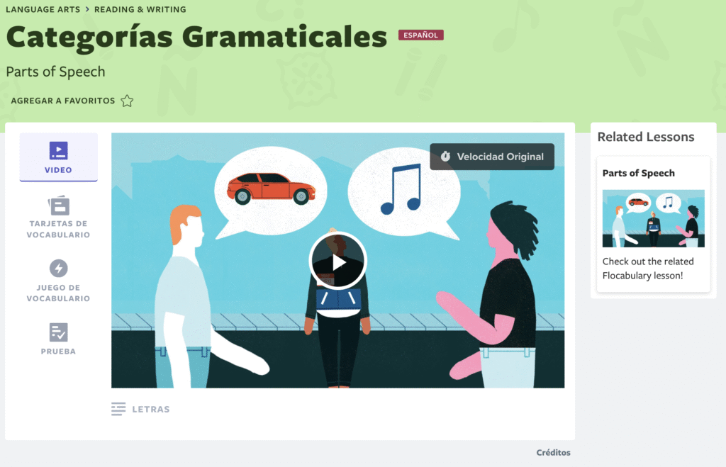 A screenshot of the Flocabulary educational interface showing a Spanish grammar lesson titled "Categorías Gramaticales" with illustrated figures and learning features including video, vocabulary, and assessment options.