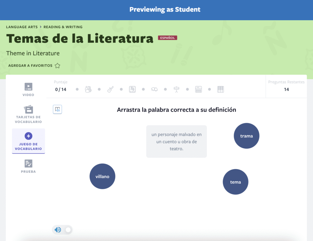 A screenshot of Flocabulary's interface showing a Spanish literature lesson titled "Temas de la Literatura" (Theme in Literature). The interface displays a vocabulary matching activity where students must drag Spanish literary terms to their definitions. Three blue circular buttons with the words "villano," "trama," and "tema" are positioned around a definition for "un personaje malvado en un cuento u obra de teatro."
