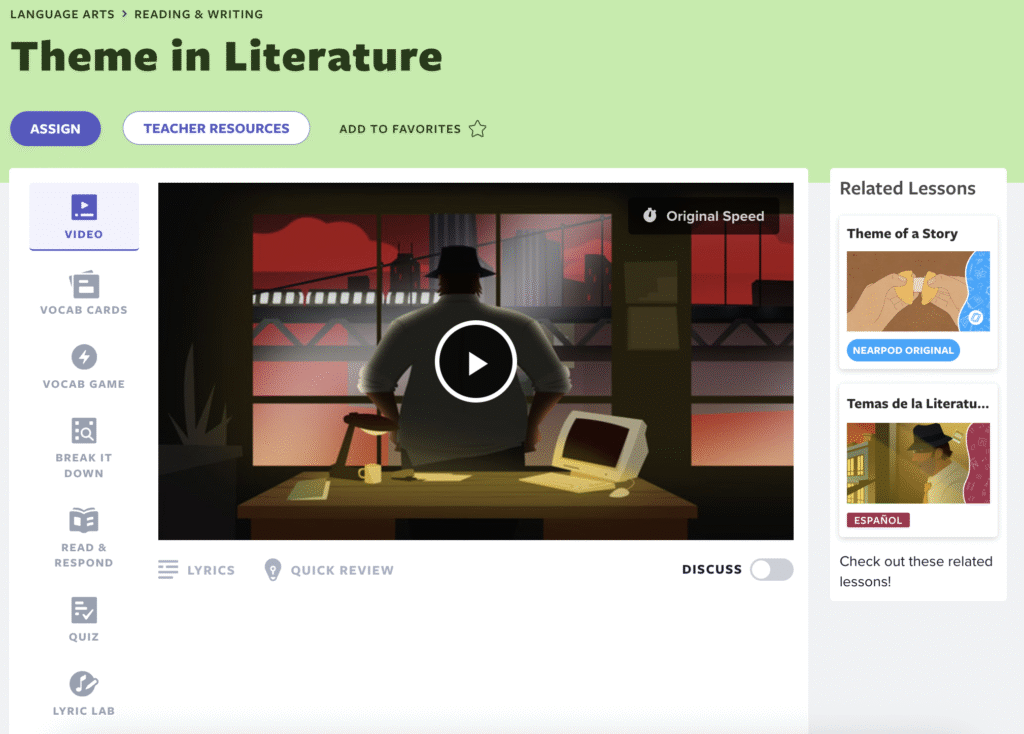A screenshot of Flocabulary's educational interface showing a "Theme in Literature" lesson. The page displays a video player with an animated scene of a person sitting at a desk with a computer against a red-tinted window backdrop. The lesson sequence includes Video, Vocab Cards, Vocab Game, and other learning activities on the left side. The right panel shows "Related Lessons" including "Theme of a Story" and a Spanish option "Temas de la Literatura."